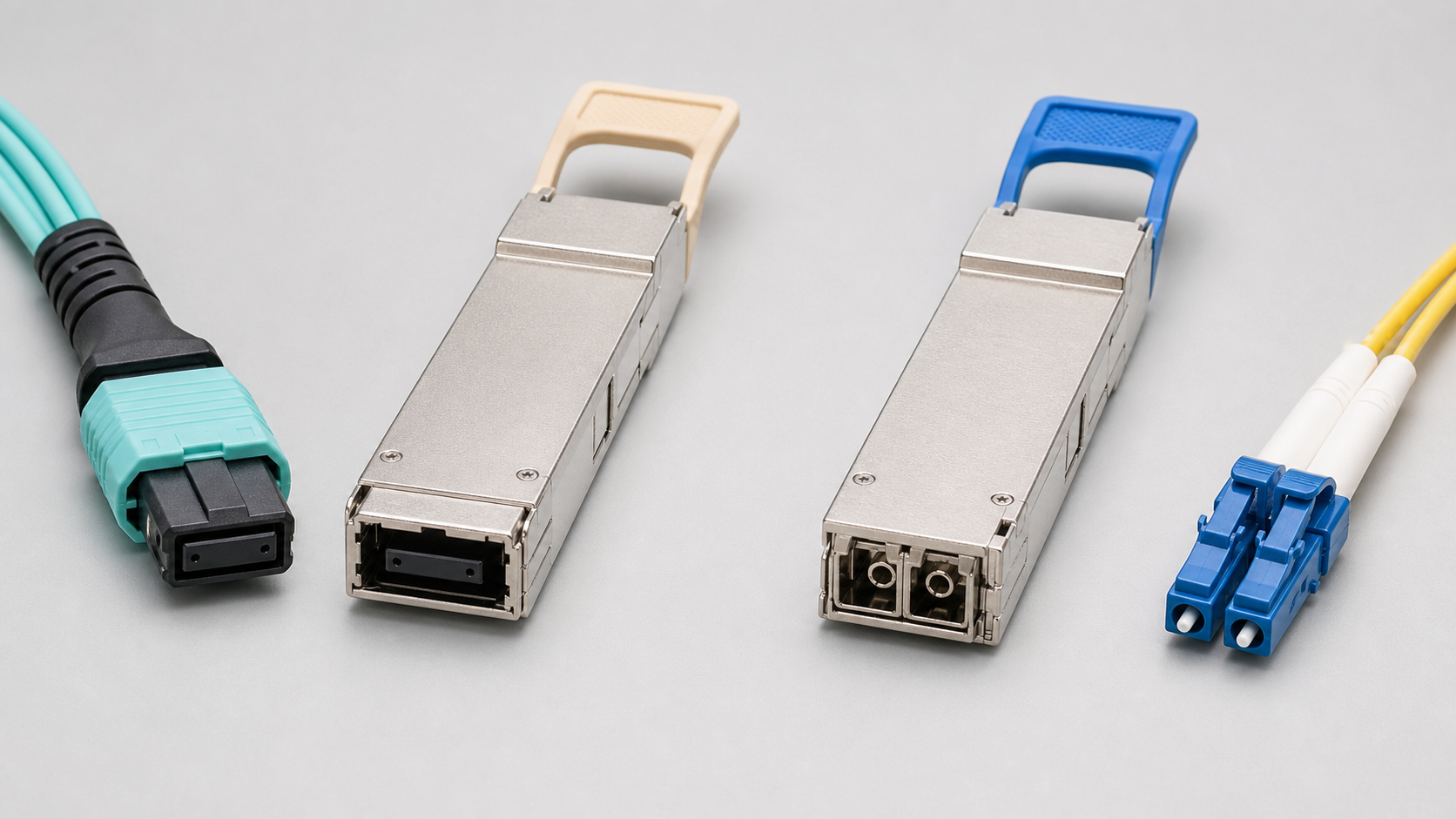 Illustrative 100G QSFP28 purchasing pairs: an SR4-style module with an aqua MPO cable on the left and a CWDM4/LR4-style module with a blue duplex-LC connector on yellow OS2 fiber on the right