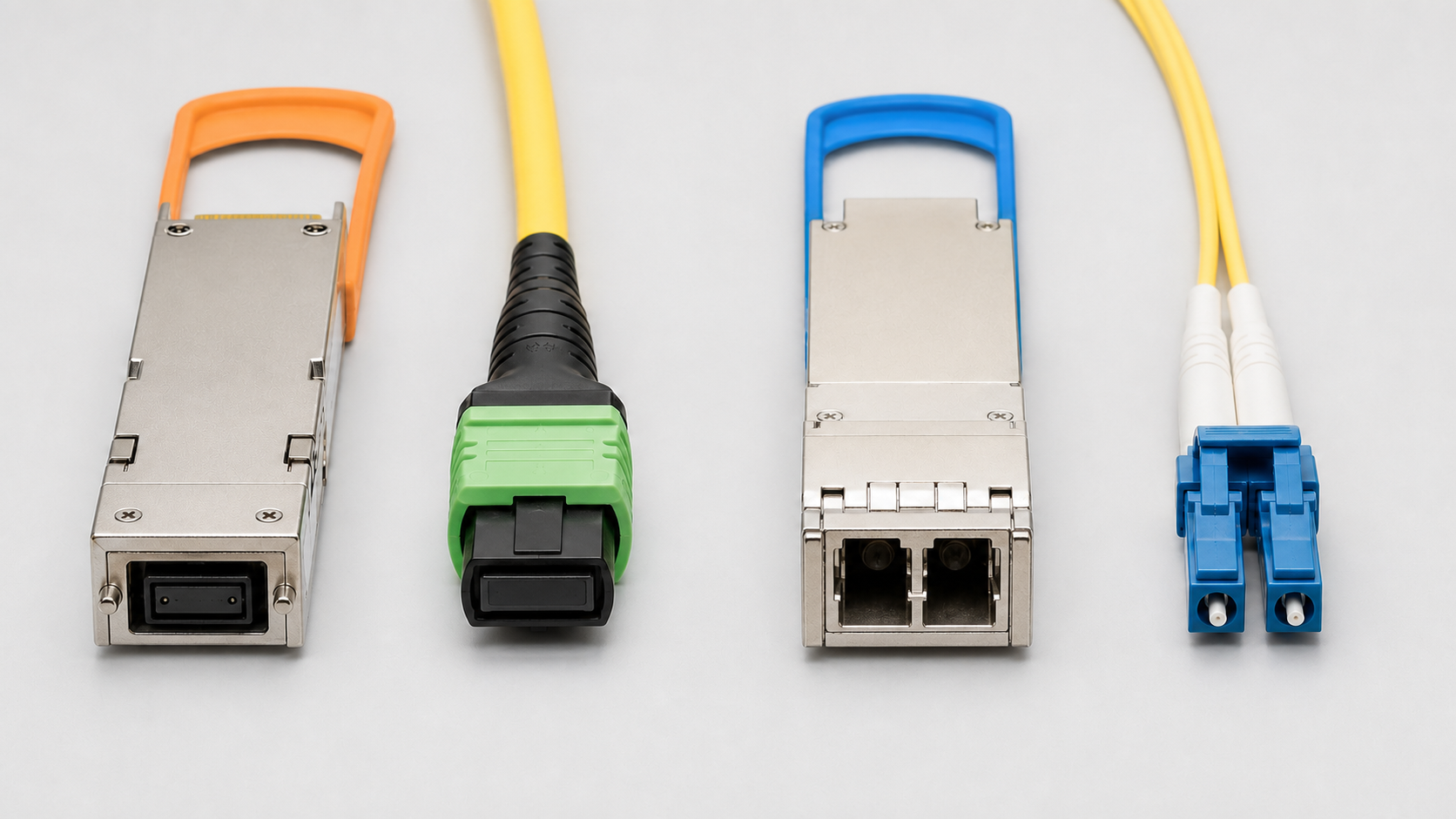 Illustrative 400G purchasing pairs: a DR4 QSFP-family module beside a green MPO/APC OS2 cable, and an FR4/LR4-style QSFP-family module beside a blue duplex-LC/UPC OS2 cable