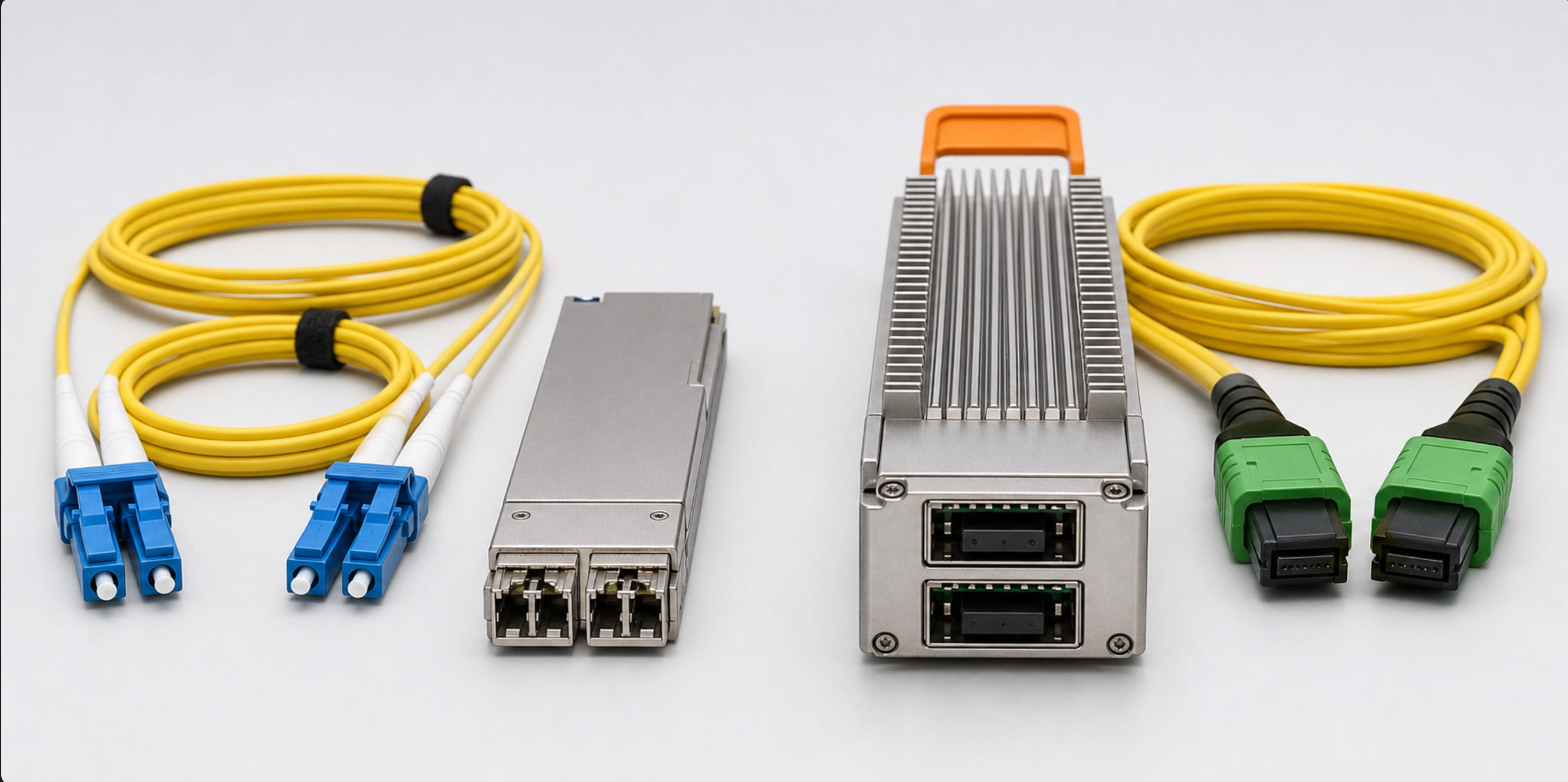 Illustrative comparison: a twin-duplex-LC QSFP-DD800 2xFR4 module with blue LC/UPC patch cords beside a heatsinked OSFP DR8 module with two green MPO-12/APC cables