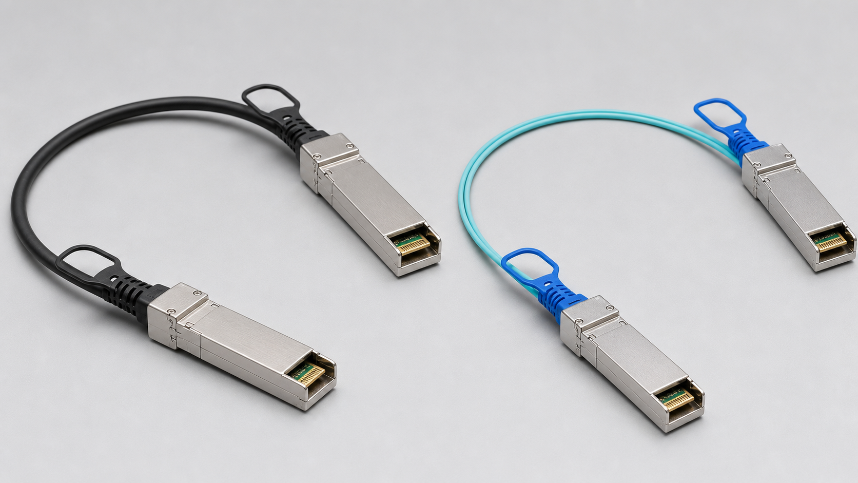 Illustrative physical comparison of a thick black SFP+ passive DAC assembly and a thinner aqua SFP+ AOC assembly, with both captive module ends visible