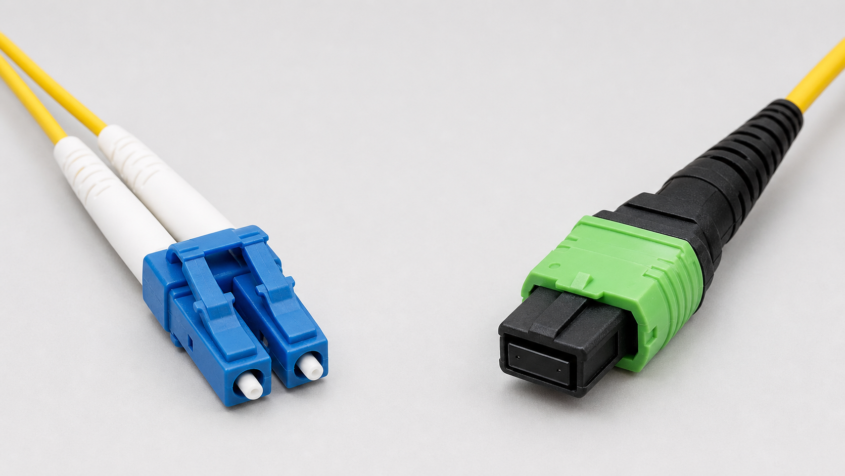 Illustrative outer-housing and physical form-factor comparison of a blue duplex-LC connector and a green MPO-family multi-fiber connector