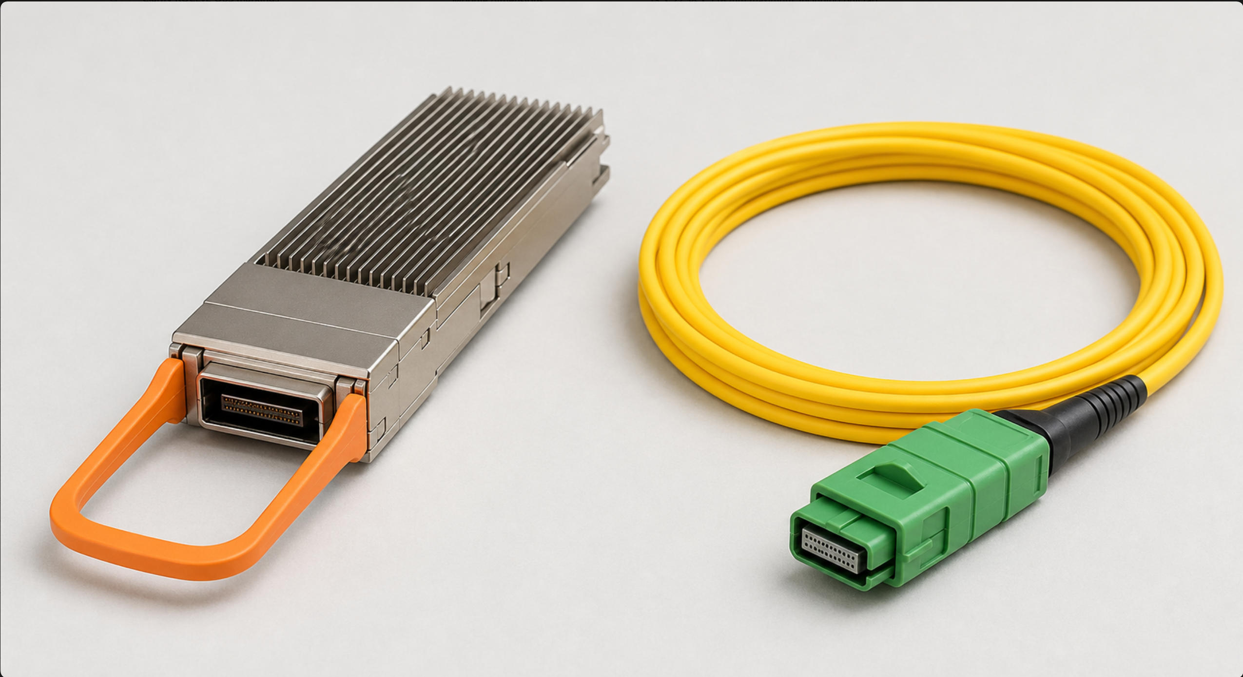 OSFP 800G DR8P module beside its mating single-mode MPO-16 APC patch cable with green connector