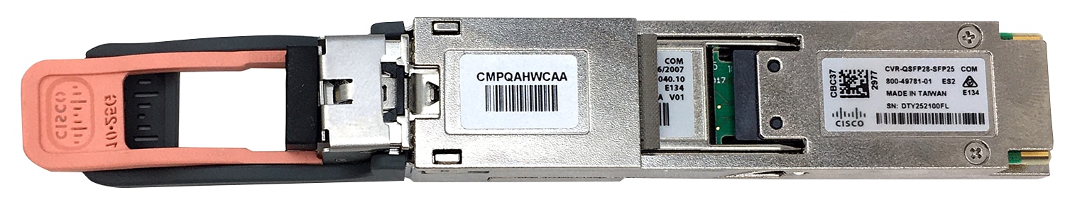 QSFP28-to-SFP28 adapter with an SFP module inserted
