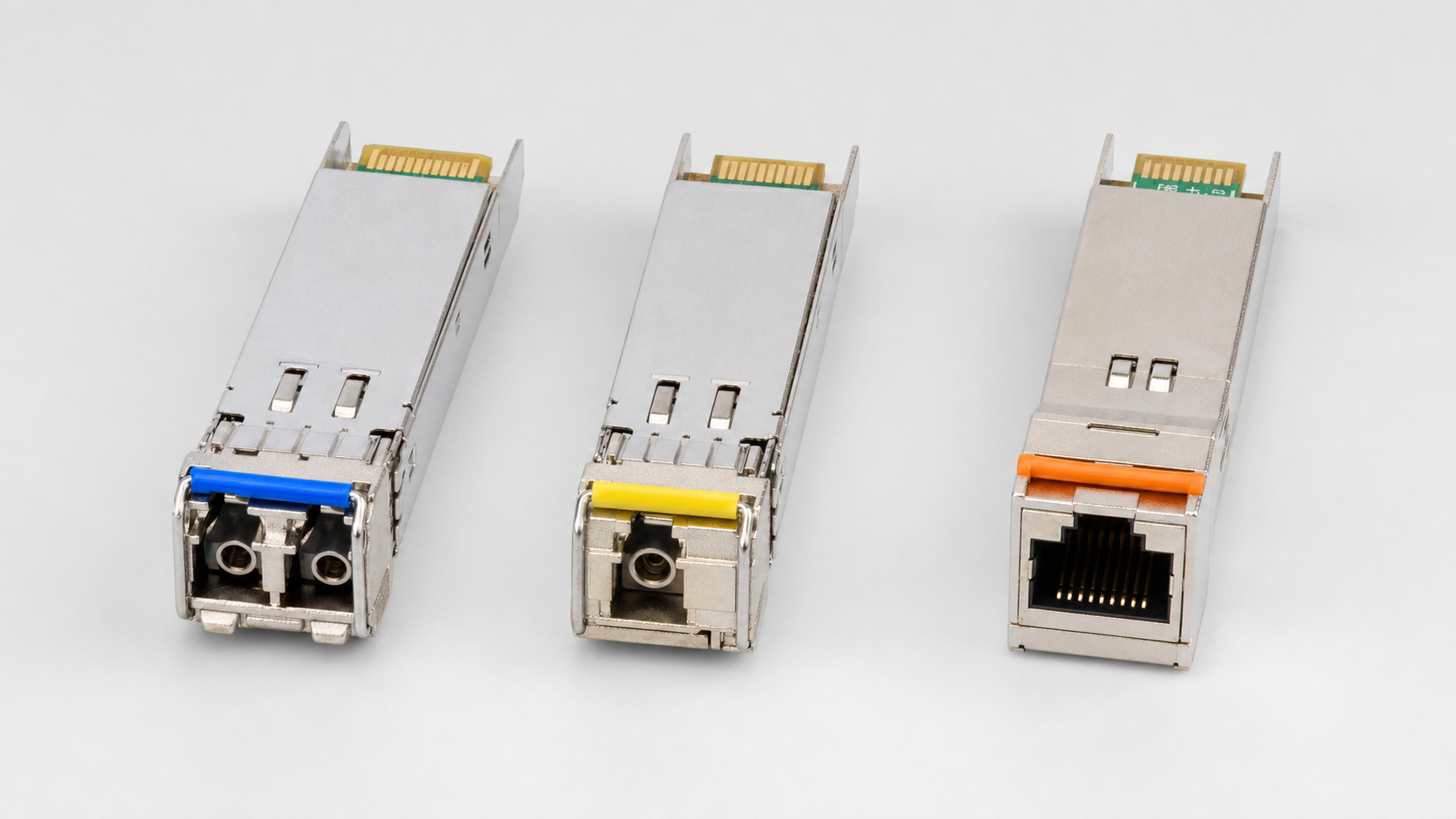 Illustrative physical comparison of three SFP-family fronts: duplex-LC optical, simplex-LC BiDi, and shielded RJ45 copper, from left to right